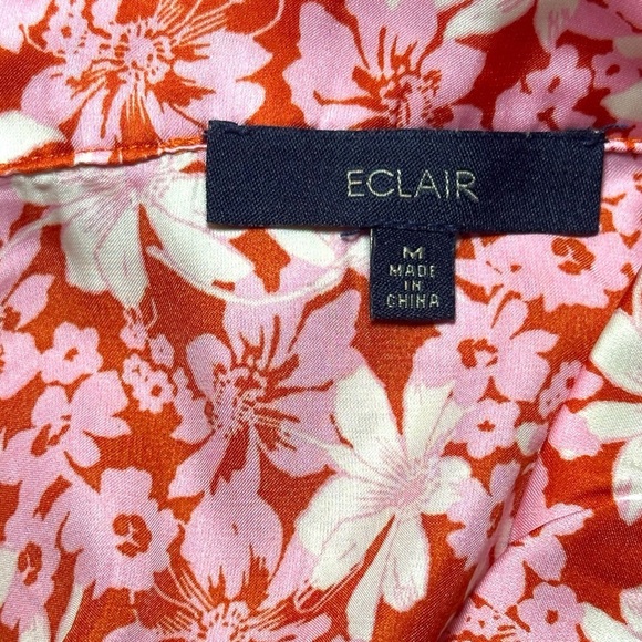 Eclair Blouse Floral Tie Front Button Down Satin Long Sleeve Red Pink Medium - Picture 4 of 5